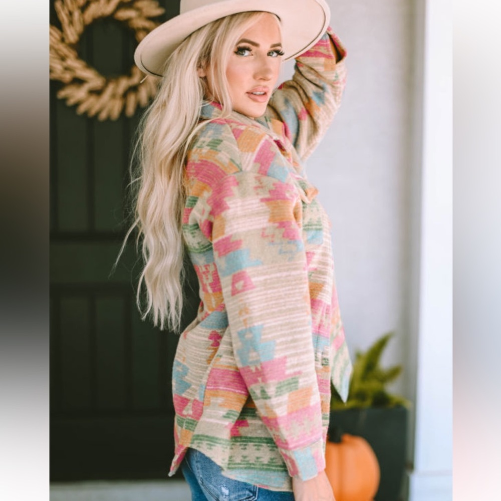 Western Multicolor Aztec Print Button Down Shacket - Picture 3 of 14